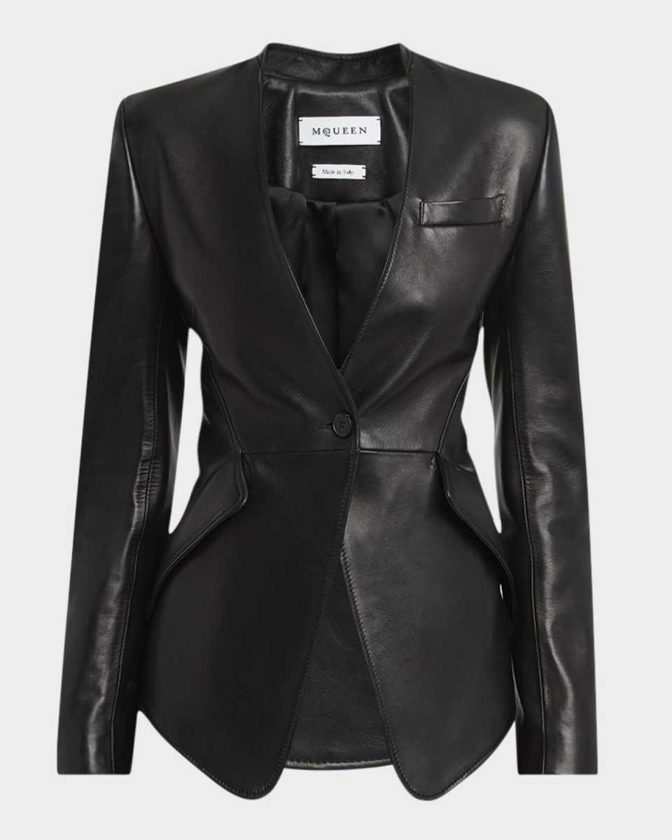 Single-Breasted Leather Blazer Jacket